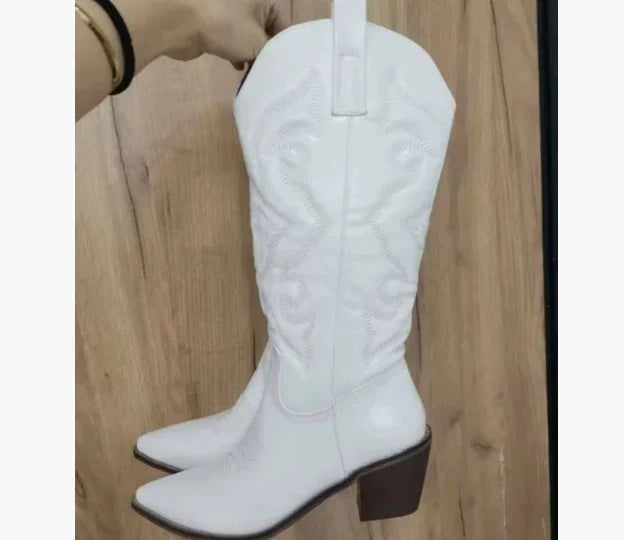 Women's leather knee-high boots with Western-inspired stitching details and block heel in classic tan