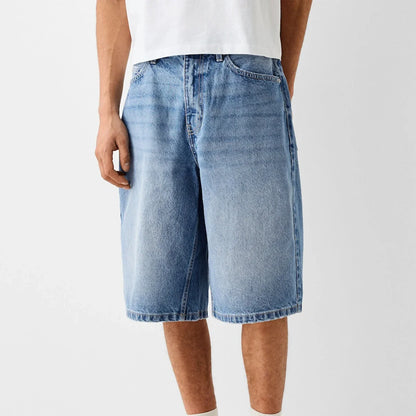 Men's wide-leg washed denim shorts with reinforced stitching and classic five-pocket design