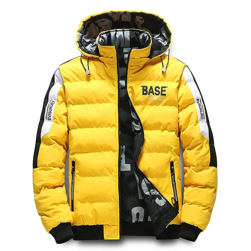 Men's black padded jacket water-resistant thick insulation detachable hood urban style