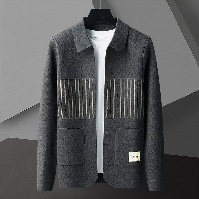 Slim-fit textured knit cardigan with polo collar, lightweight breathable design for smart-casual style