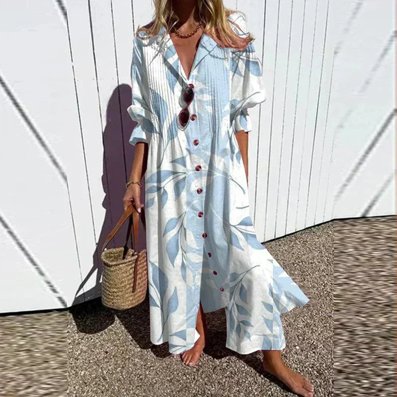 Floral bohemian midi dress in soft pastel tones, flowy lightweight fabric with flattering silhouette