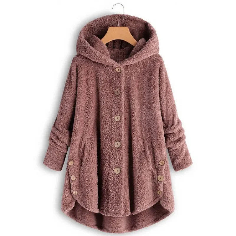 Women's Nordic fleece jacket cozy hooded relaxed fit plush texture button-front in neutral tone