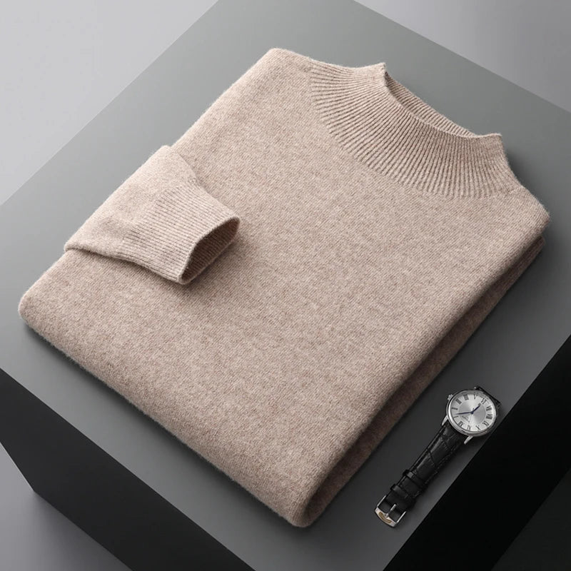 Men's wool knit sweatshirt regular fit semi turtleneck ribbed cuffs warm winter pullover