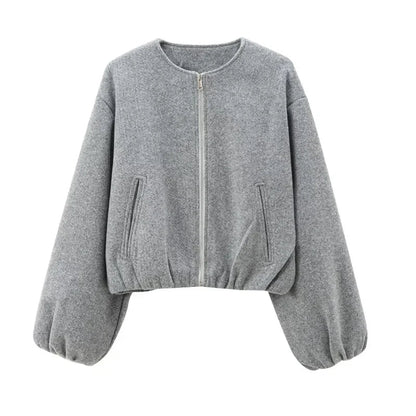 Women's beige cropped zip-up jacket with relaxed balloon sleeves for effortless layering