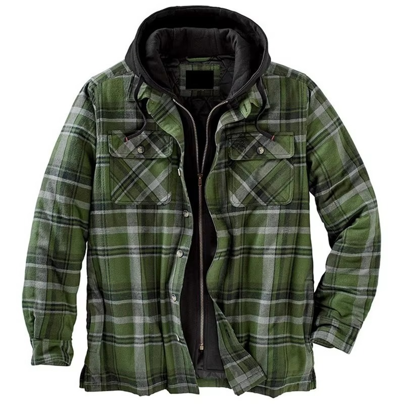 Men's patchwork checkered cotton hooded jacket in multicolor blocked pattern with drawstring hood