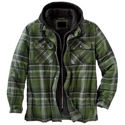 Men's patchwork checkered cotton hooded jacket in multicolor blocked pattern with drawstring hood