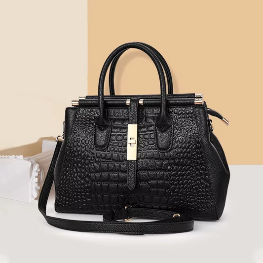 Genuine Leather Women's Crocodile Pattern Tote Bag, Large Capacity, Black - Wavlynn