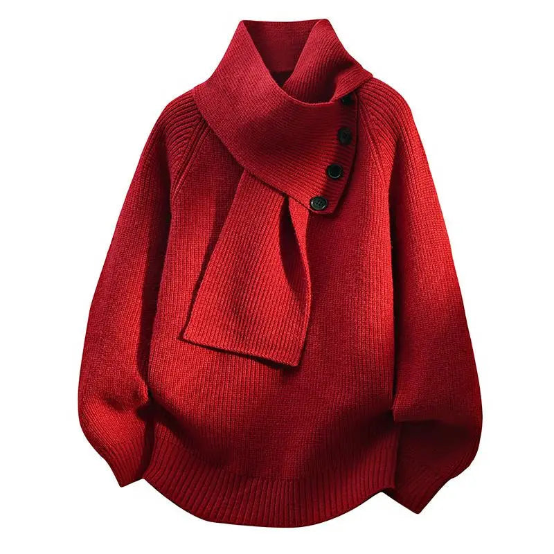 Cozy scarf-neck sweater in soft neutral tones with flattering sculpting fit and elegant draped collar