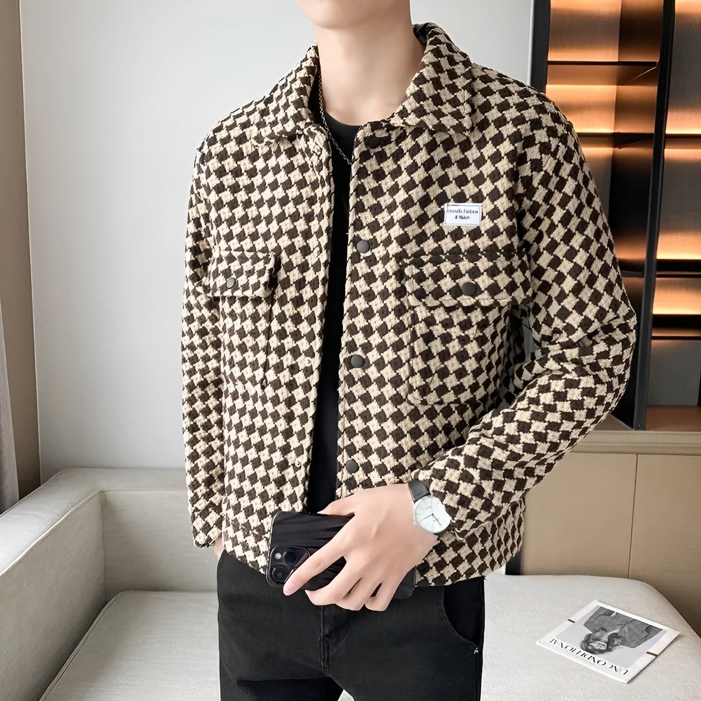 Giovanni Russo slim-fit tweed trucker jacket in woven texture, tailored waist, modern clean-cut style