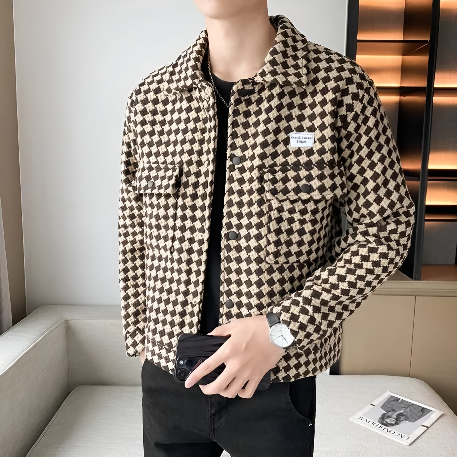 Giovanni Russo slim-fit tweed trucker jacket in woven texture, tailored waist, modern clean-cut style