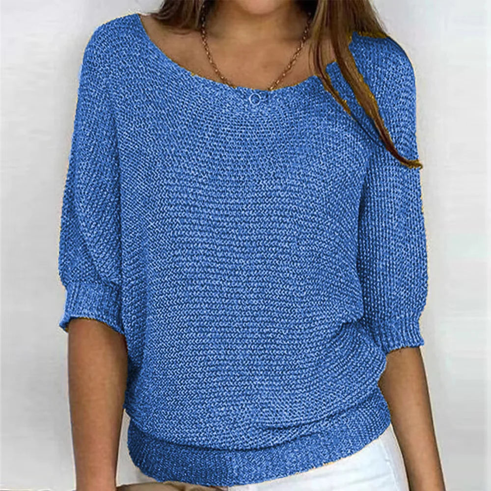 Women's loose fit knit sweater round neck three-quarter sleeves soft everyday essential