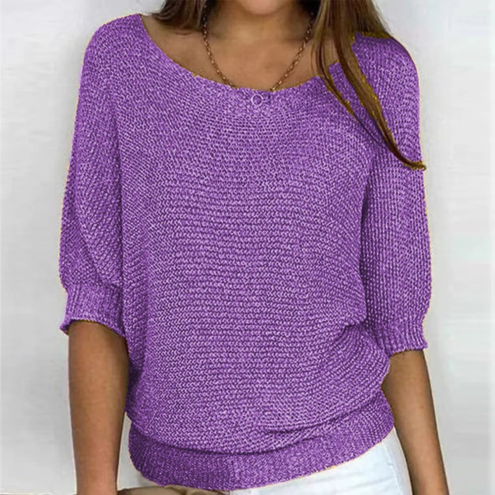 Women's loose fit knit sweater round neck three-quarter sleeves soft everyday essential