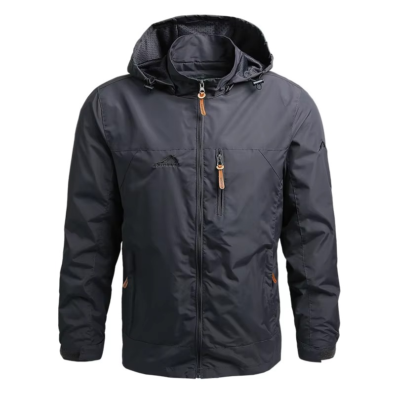 Men's tactical waterproof windbreaker jacket with hood, lightweight weather-resistant outdoor climbing shell