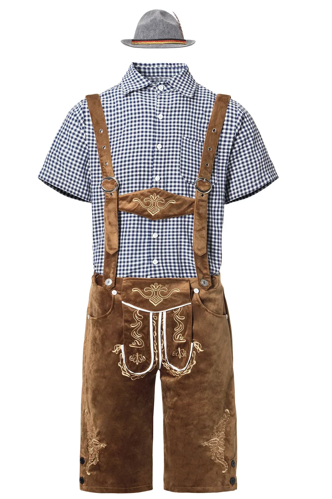 Men's brown faux suede lederhosen traditional fit adjustable suspenders embroidered Bavarian knee length