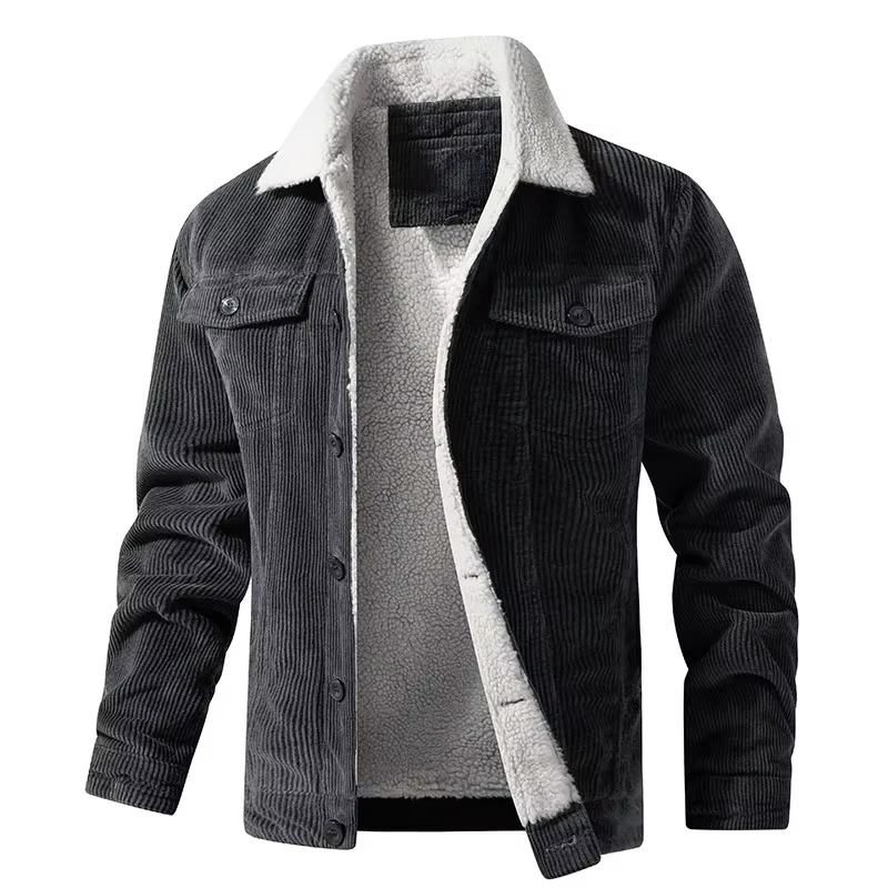 Navy corduroy fleece-lined men's winter jacket with warm lining and casual utility style