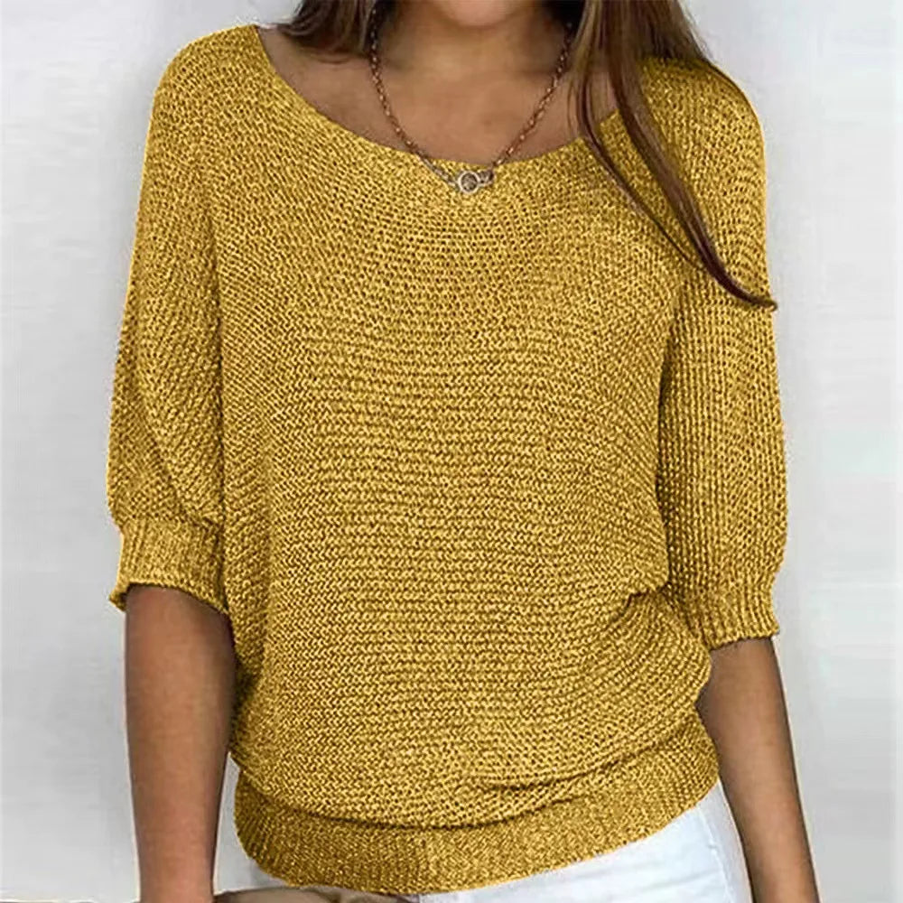 Women's loose fit knit sweater round neck three-quarter sleeves soft everyday essential