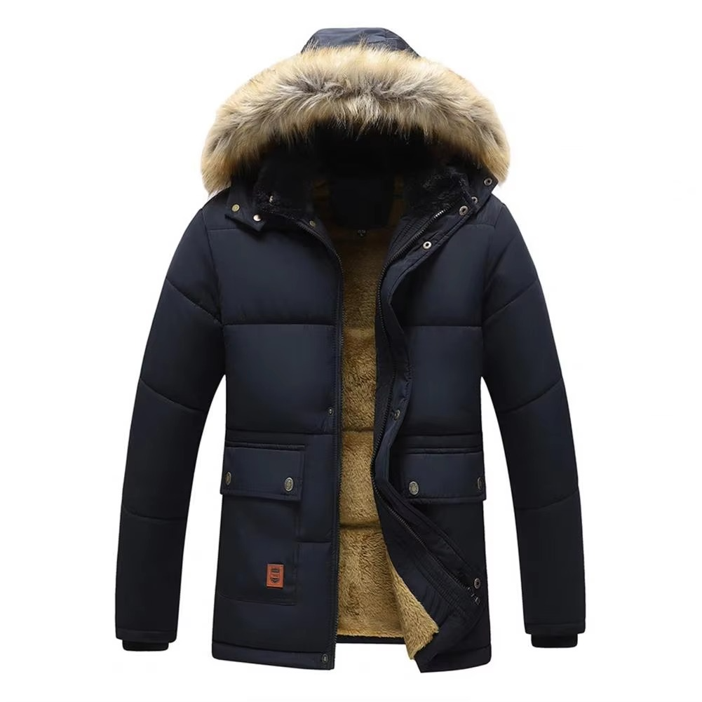 Men's insulated winter parka with fur-trimmed hood, fleece lining, available up to 5XL