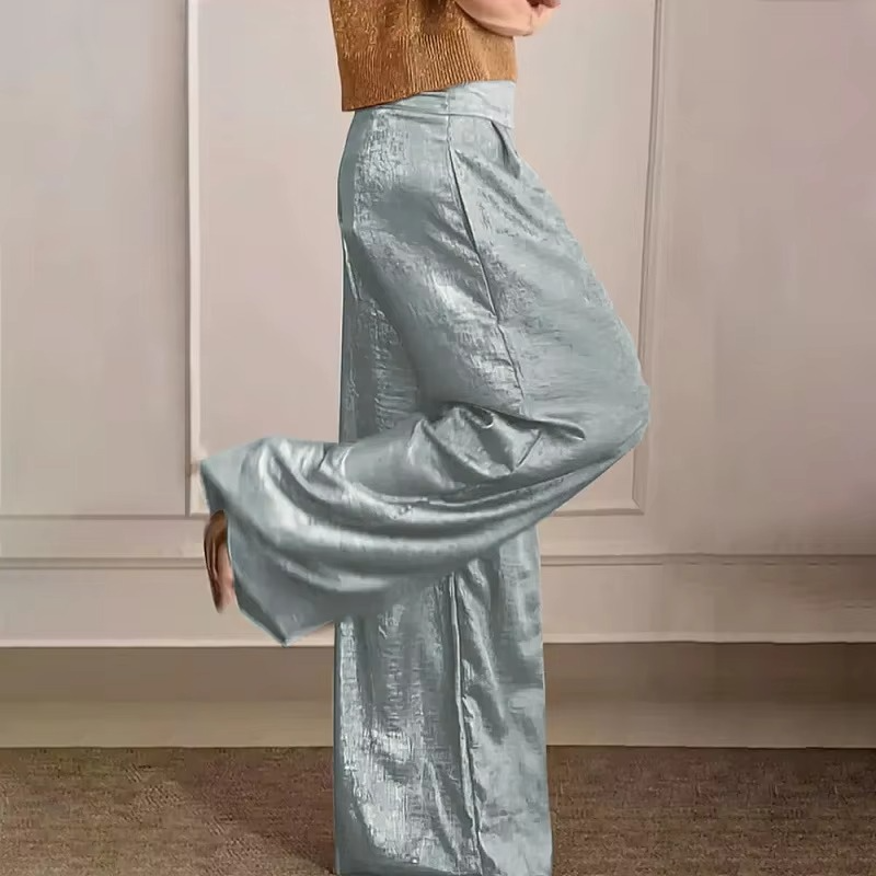 Women's metallic high waist wide leg pants with vintage glamour silhouette and sleek sheen finish