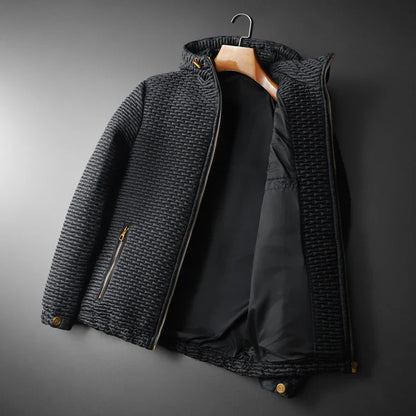 Black micro-quilted hooded jacket with embossed pattern and gold-plated hardware, lightweight casual fit