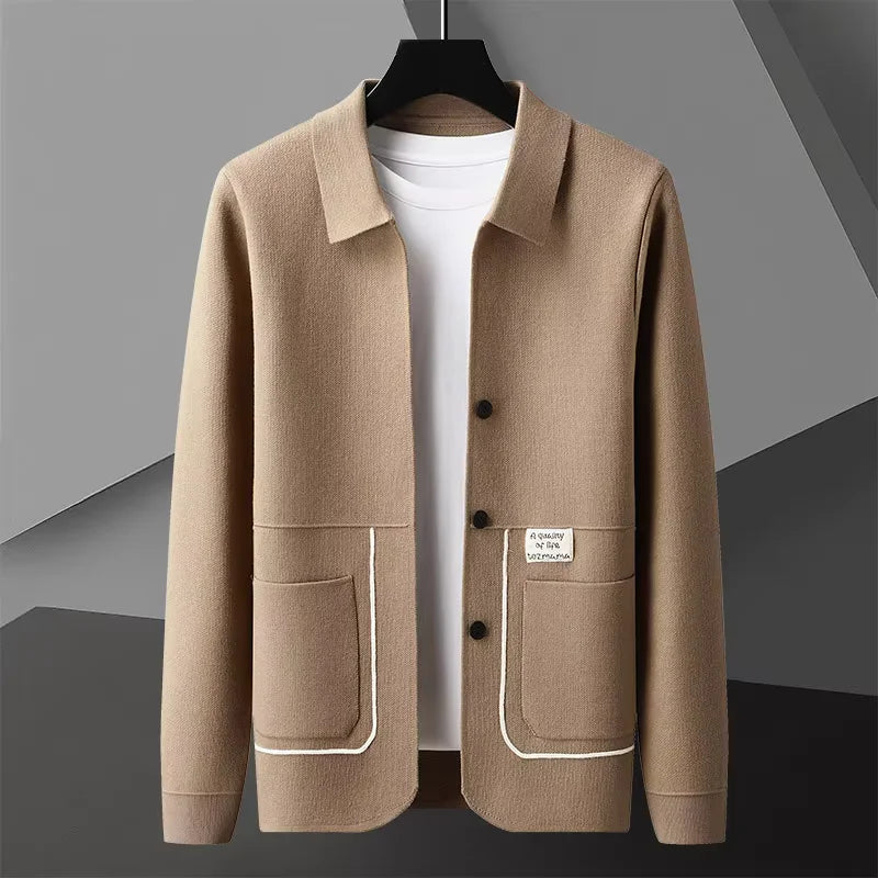 Men's taupe knitted cardigan tailored fit, structured shoulders, versatile layering essential