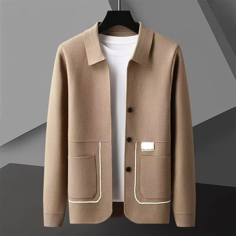 Men's premium knitted cardigan in neutral tones, slim minimalist cut with soft breathable knit fabric