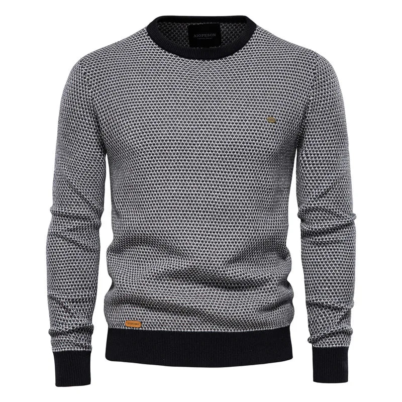 Navy blue checkered Heritage men's crewneck sweater with classic timeless pattern