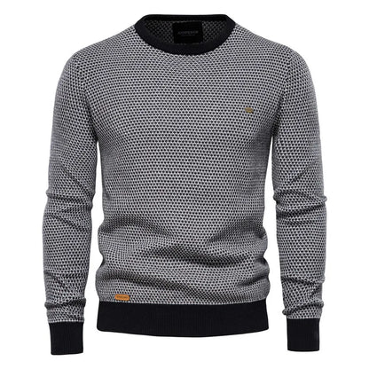 Navy blue checkered Heritage men's crewneck sweater with classic timeless pattern