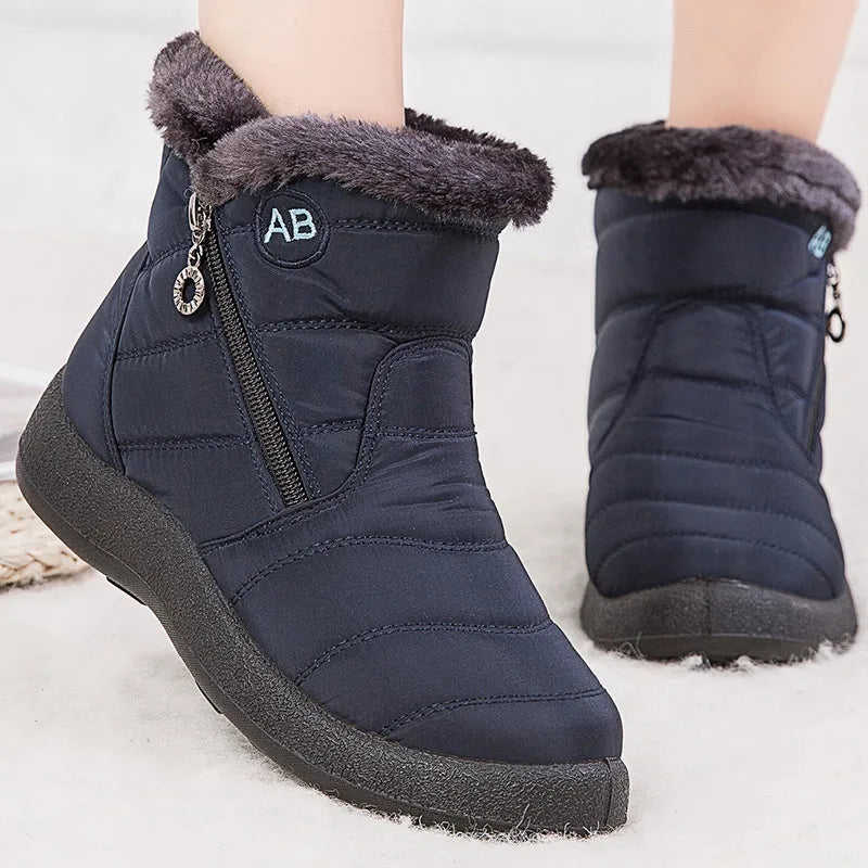 Women's mid-calf snow boots, water-resistant faux fur lined winter boots with side zipper closure