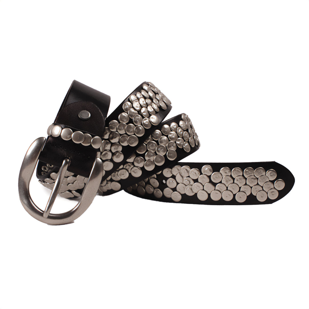 Genuine leather belt with hammered nailhead studs and steel hardware for an edgy artisanal look