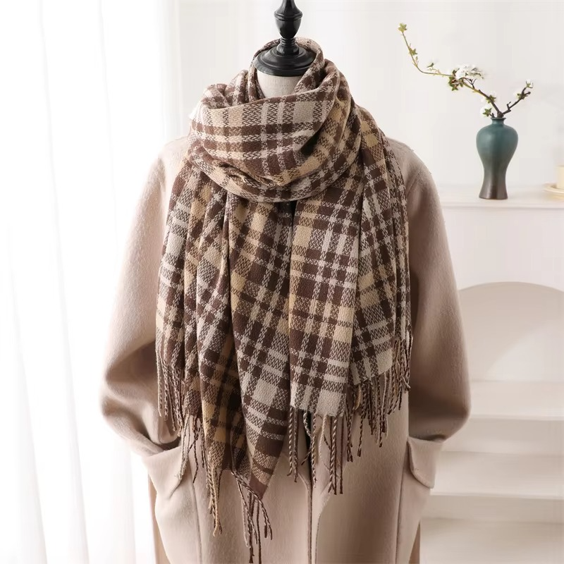 Women's plaid cashmere winter scarf in warm tones, thick pashmina shawl with fringe tassels
