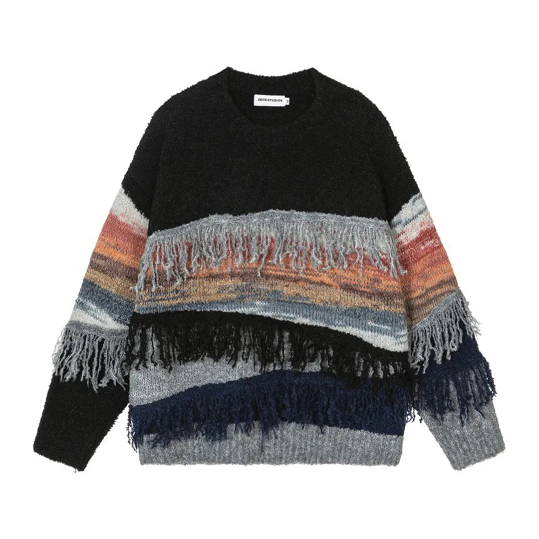 Women's cream lace knit sweater vintage-inspired cozy cotton with layered tassel fringe detail