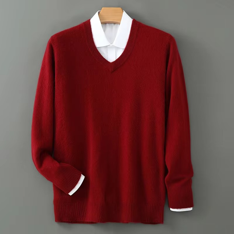 Men's camel cashmere blend V-neck knit pullover, loose fit plus size sweater with plush warmth