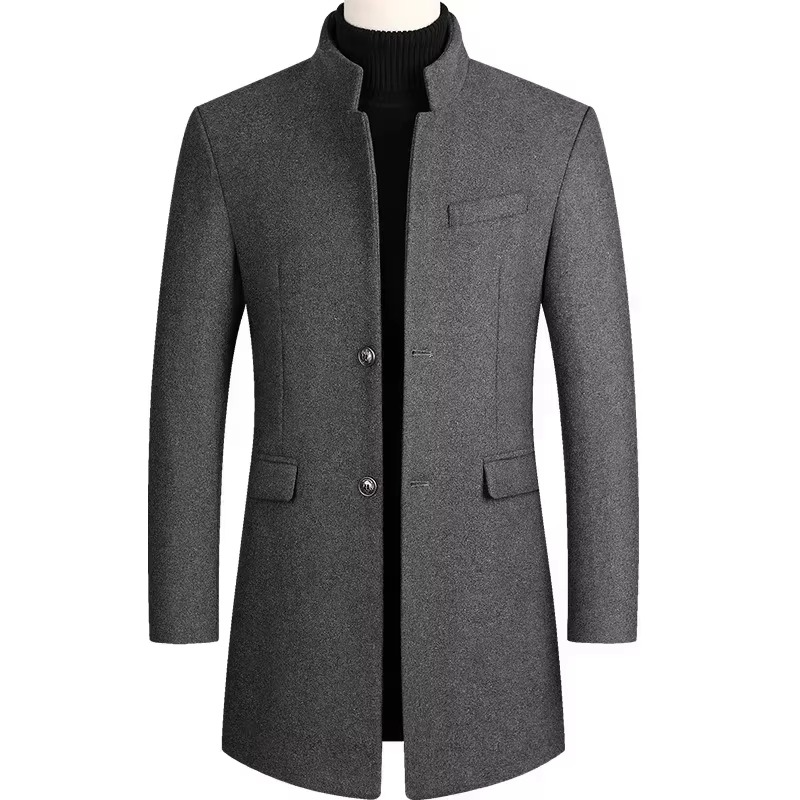Burgundy wool blend men's trench coat with refined tailoring and thickened fabric for cold weather
