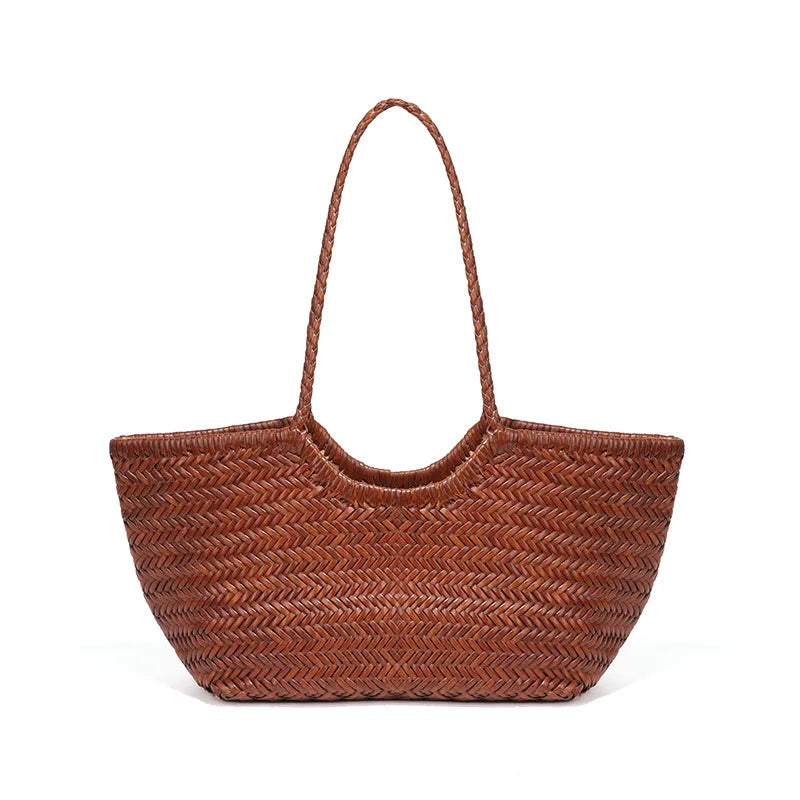 Wavlynn Kathy leather woven tote bag in natural straw texture, spacious structured beach tote