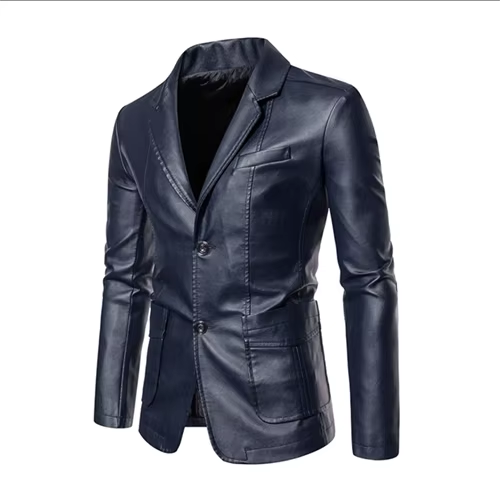 Men's slim fit black leather jacket with sleek suit collar, premium business casual style up to 5XL