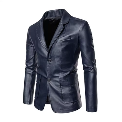 Men's slim fit black leather jacket with sleek suit collar, premium business casual style up to 5XL