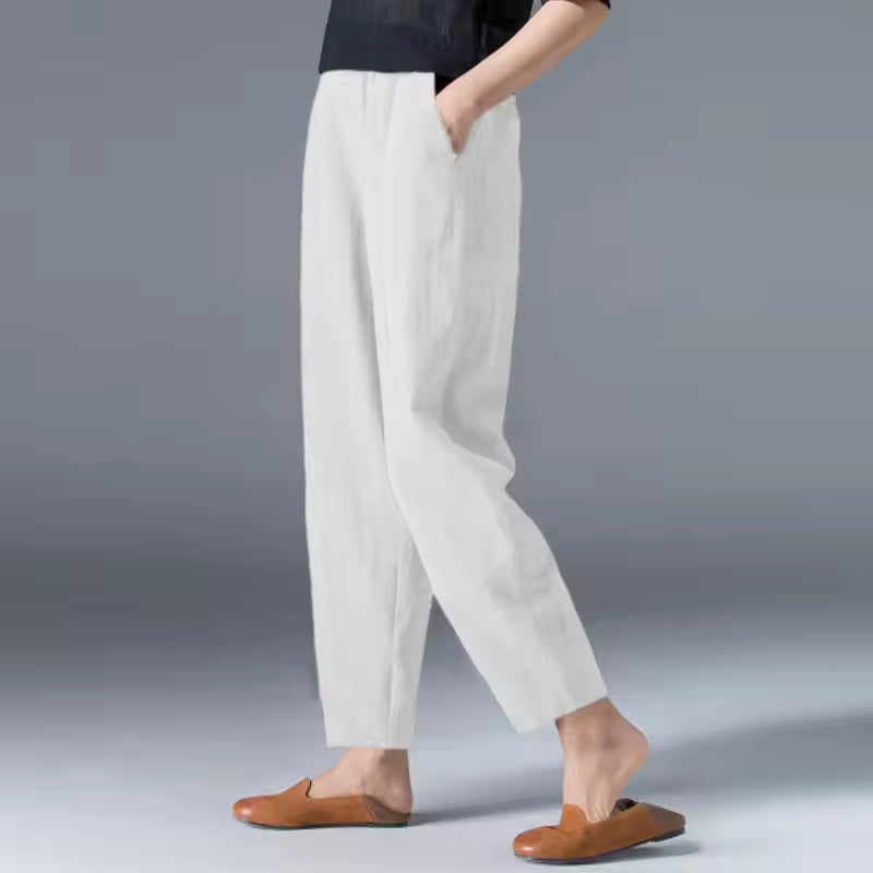 Women's lightweight summer trousers relaxed tapered ankle breathable breezy silhouette