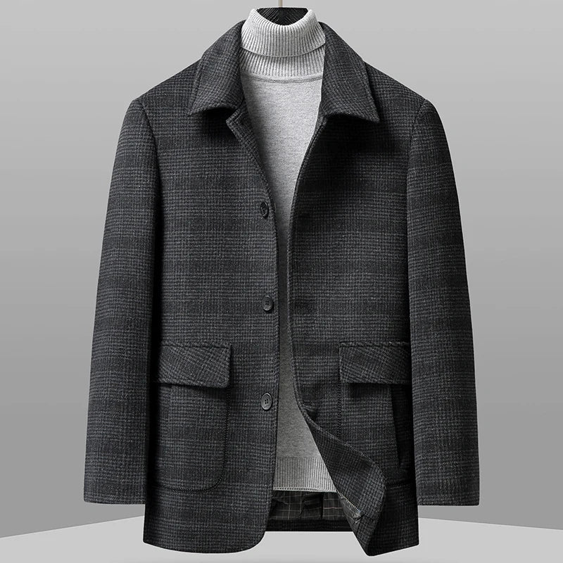 Thompson wool topcoat in classic plaid, short tailored silhouette with structured shoulders and clean lines