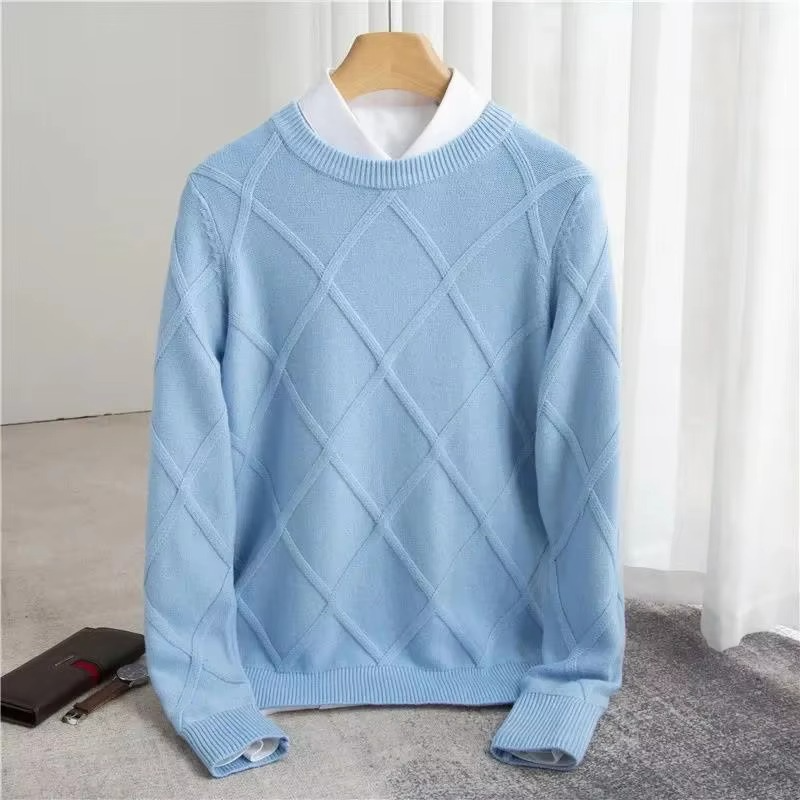 Men's classic cashmere crewneck sweater in neutral tone with diamond-pattern textured knit for timeless style