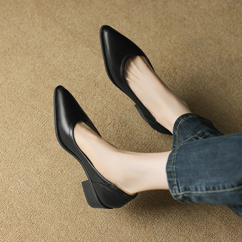Women's black pointed toe block heel pumps slip-on mid-height style for all-day polished wear