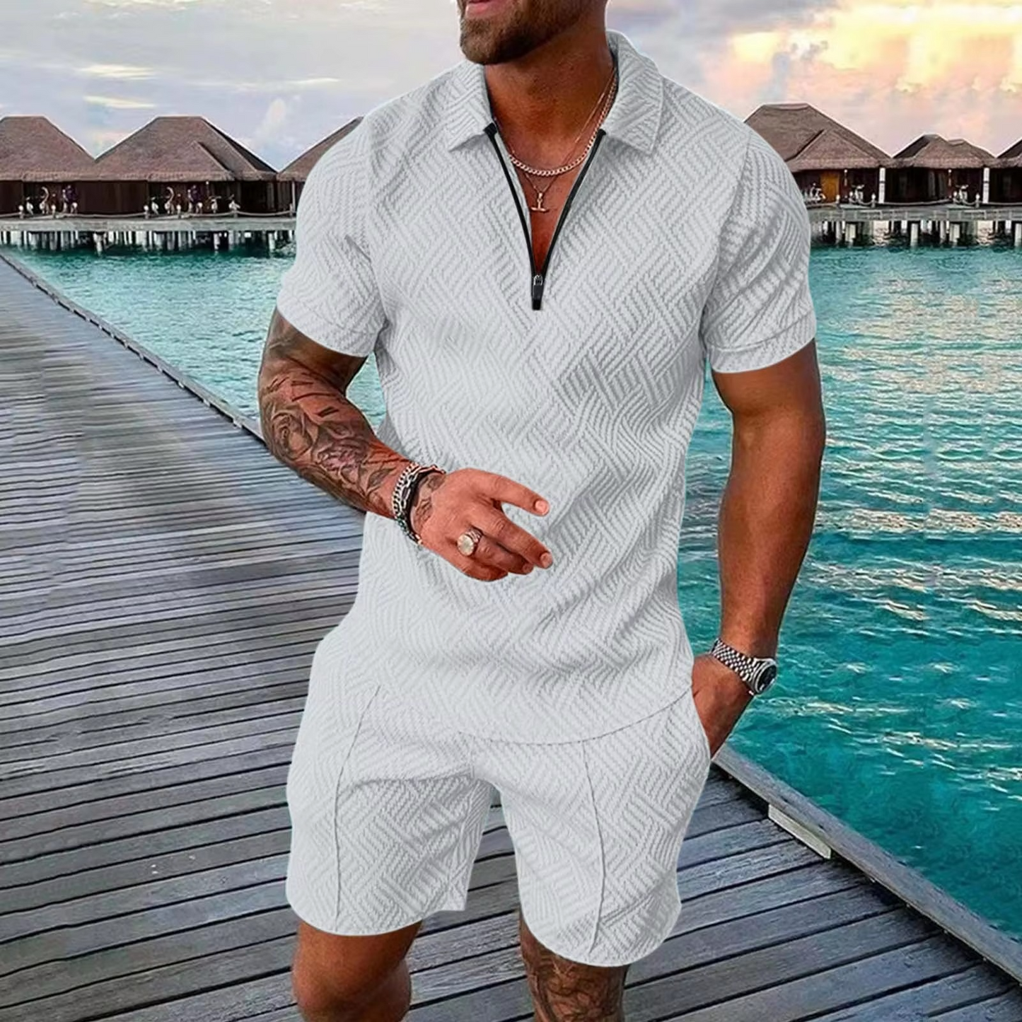 Men's Hawaiian polo and shorts matching set 3D printed tropical streetwear outfit in bold multicolor