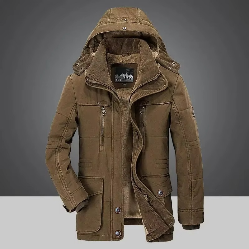 Men's dark winter parka jacket with thick fleece lining, rugged hooded cut for commuters and hikers