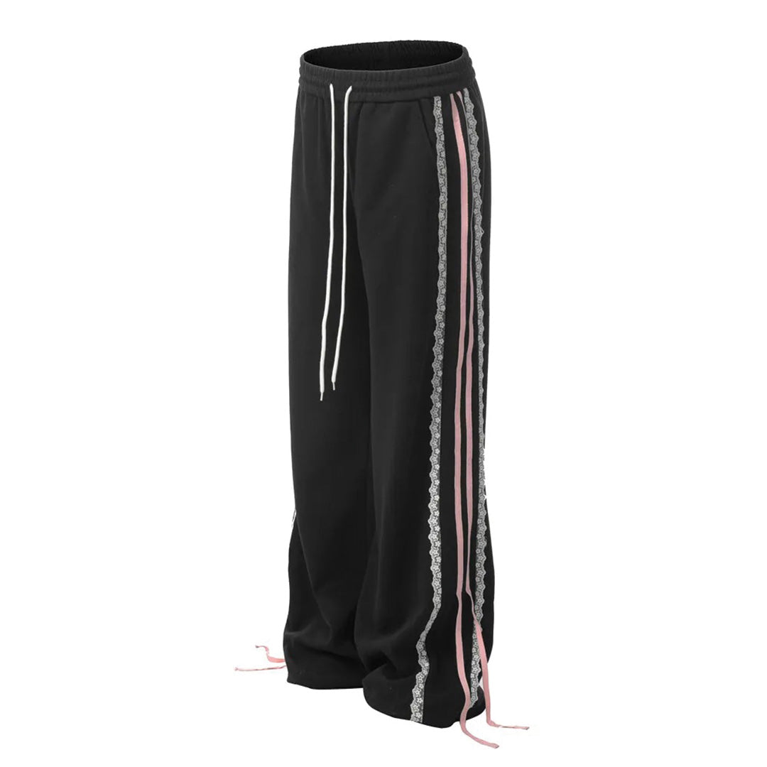 Striped loose-fit cotton sweatpants with floral lace stripe details and drawstring midrise waist