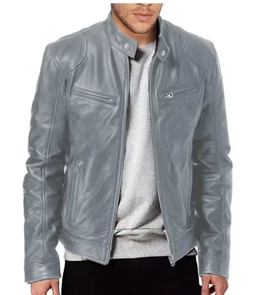 Men slim fit PU leather motorcycle jacket black stand collar wind resistant sleek urban style