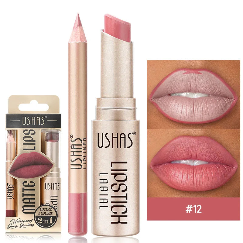 Dual-purpose matte lipstick and liner combo with precise sculpting tip for flawless long-lasting color