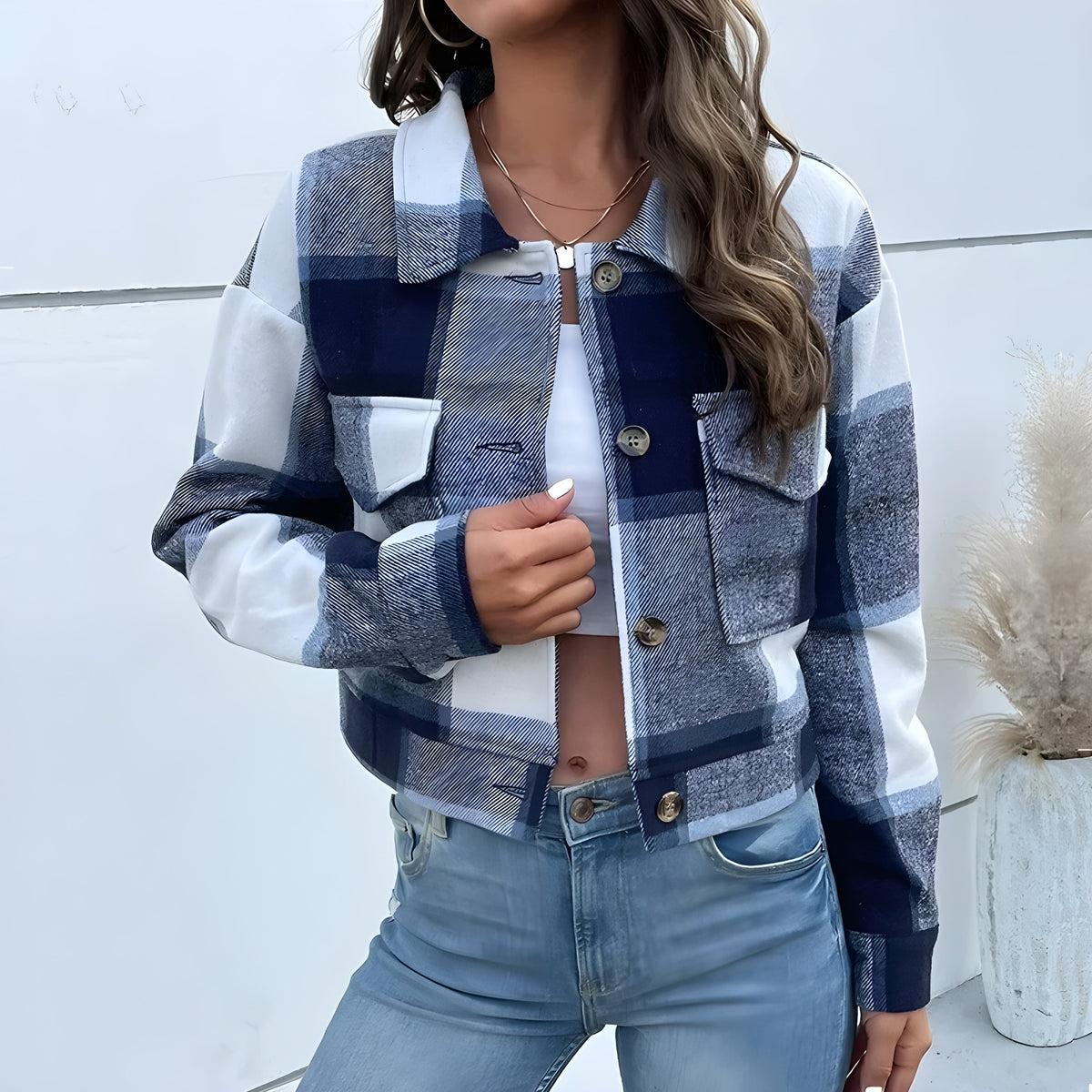 Cropped plaid-wash jacket with faux horn buttons, patch pockets, turn-down collar, chic relaxed fit