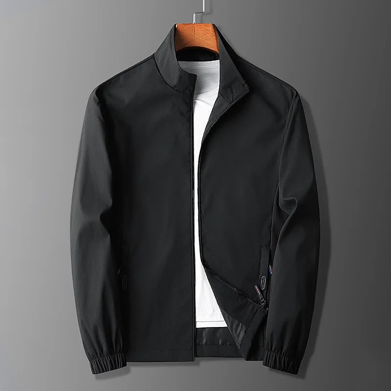 Men's slim fit lightweight jacket with stand collar, zipper pockets, breathable Nordic minimalist style