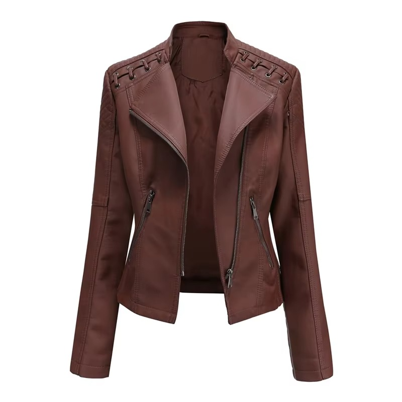 Women's black PU leather motorcycle jacket slim fit short zip-up with bold biker-style hardware