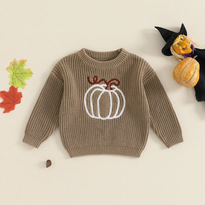 Kids orange Halloween knit sweater with long sleeves and pumpkin ghost embroidery detailing