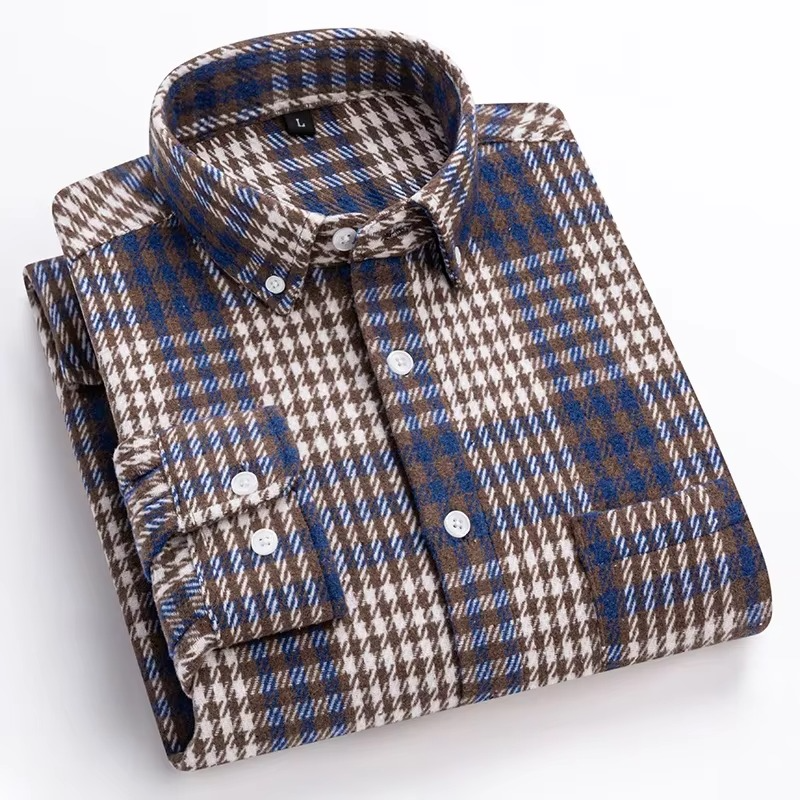 Men's plus size plaid long sleeve shirt in 7XL cotton blend with single chest pocket